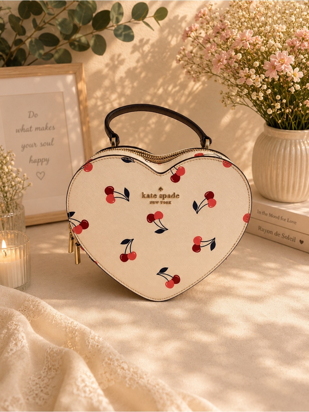 Kate Spade New York Love Shack Cherry Heart Handle Bag- Cream Heart Cherries